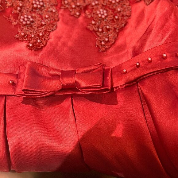 Mia Belle Girls SZ 7/8YR Red Special Occasion Dress Satin Beaded Formal Holiday - Picture 4 of 9